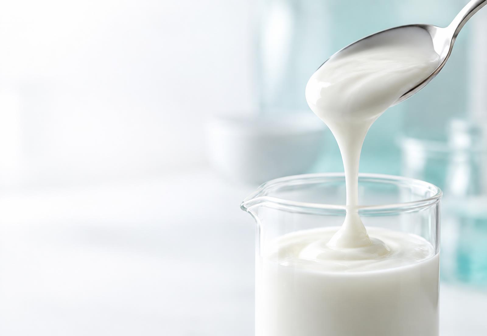 Illustrative image: a creamy texture poured into a glass beaker